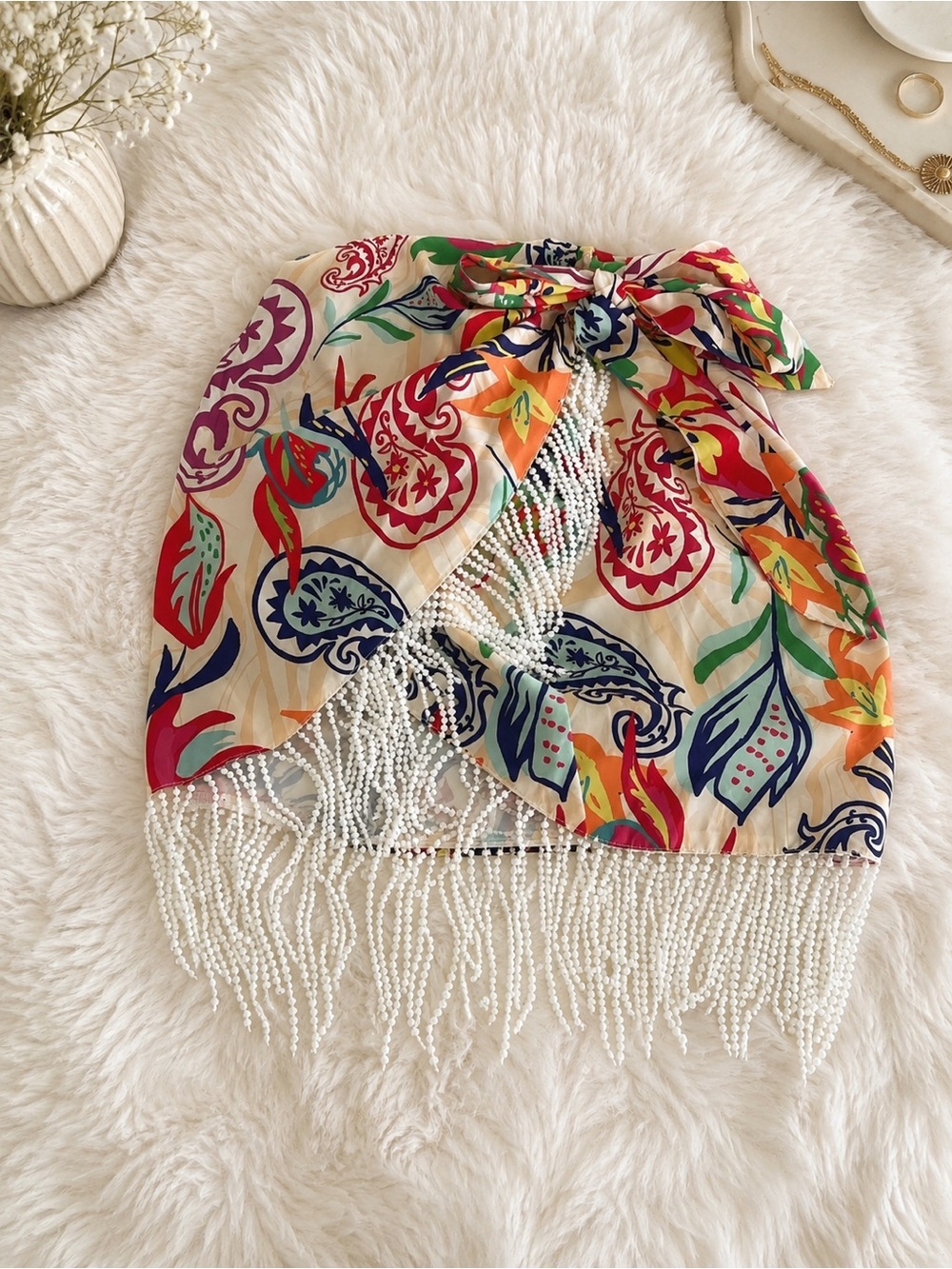 Decorative Multicolor Floral Scarf with Beaded Fringe